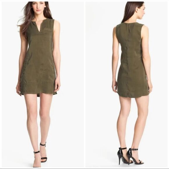 Theory Silk sleeveless Shift Dress Wandu 12 army green pockets - Picture 2 of 11